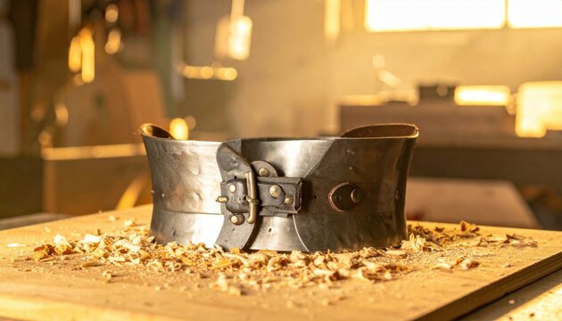Pair of handcrafted steel vambraces with adjustable leather buckle straps resting on a rustic wooden workbench in a workshop, showcasing professional medieval armor smithing and craftsmanship.