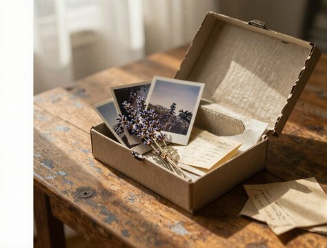 Cardboard box holding photographs and lavender on wooden table