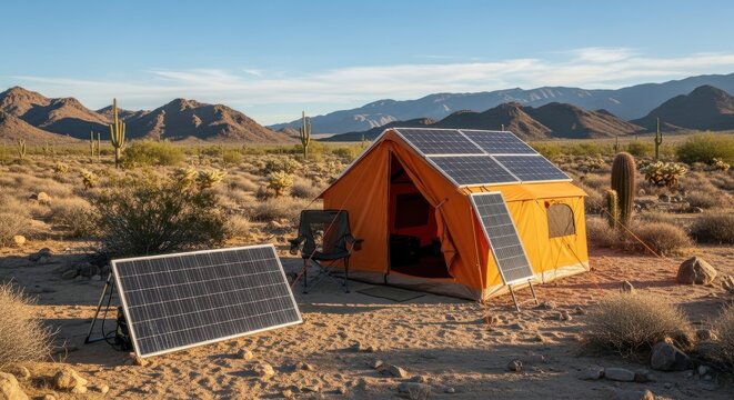 Off-grid camping setup with tent and solar panels in arid landscape