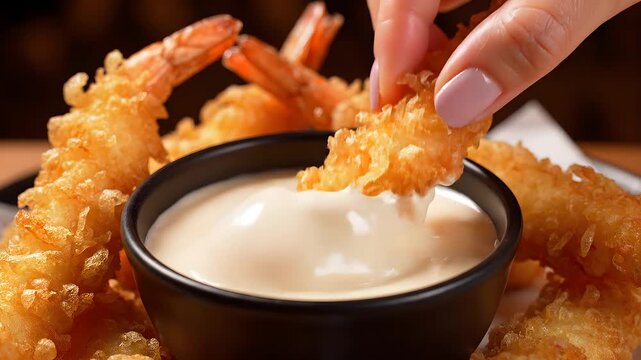 Delicious golden crispy fried shrimp being dipped into creamy sauce, a perfect appetizer or snack for any occasion