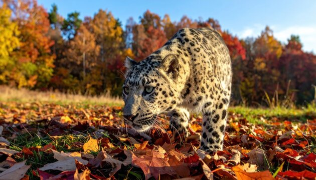 Majestic Amur leopard prowling through a forest of vibrant autumn leaves, captured in a cinematic widescreen composition that highlights its thick pale coat and striking spotted patterns.