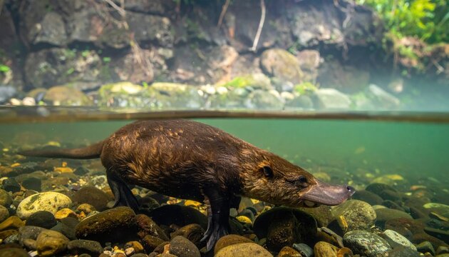 Unique duck billed platypus swimming in clear freshwater stream, cinematic split view shot of an Australian monotreme navigating rocky river bed in its natural wild habitat environment.