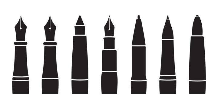 Set of seven black ink fountain pen nibs and ballpoint pen tips in various styles isolated vector.