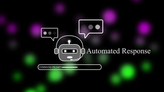 Futuristic AI Help Desk Animation with Robot Assistant Icon Speech Bubbles and Command Prompt Loading Bar for Digital Customer Support and Automated Service Solutions.
