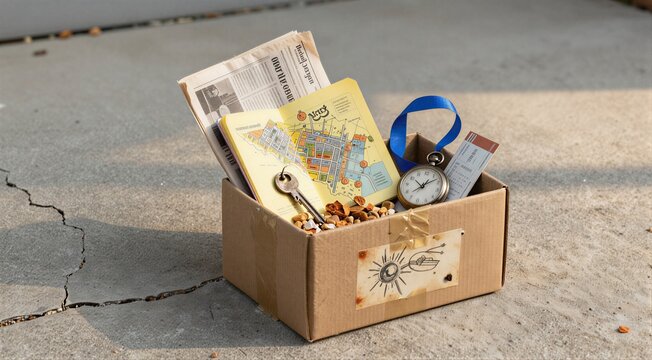 Cardboard box holding travel map keys and small keepsakes on pavement