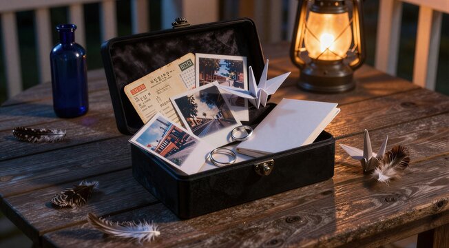Open keepsake box with photos and paper cranes on table