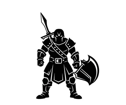 Silhouette of a formidable warrior with spear and axe, ready for battle.
