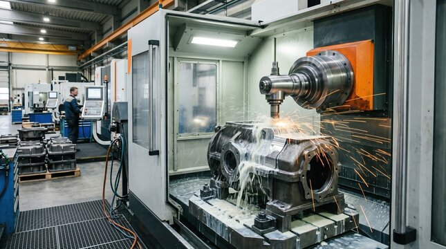 Industrial CNC machining process shaping cast iron gearbox housings with visible sparks and coolant flow emphasizing durability and heavyduty manufacturing in a stateoftheart