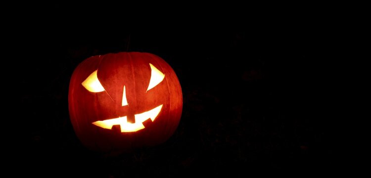 Glowing pumpkins at night, pumpkin face, carved pumpkins, grimace, halloween, dark background