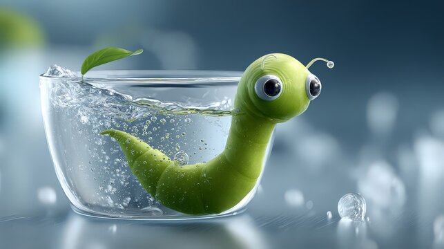 A cute green worm swimming in a bowl of water, surrounded by bubbles.
