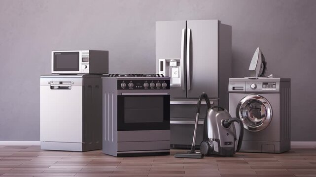 Household and kitchen appliances and home technics in an empty room .