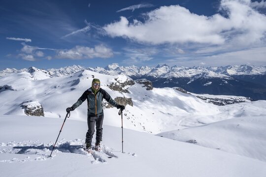 Ski tourer at Pointe de la Plaine Morte, Bernese Alps, Bernese Oberland, Switzerland