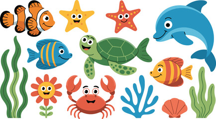 Obraz premium Cute cartoon underwater sea creatures collection featuring dolphin turtle crab starfish and tropical fish for children education and nursery decor