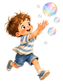 A joyful young boy in a striped shirt runs happily while reaching for iridescent bubbles.