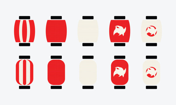 Japanese lantern collection. Minimal flat decorative hanging elements. Traditional festival inspired vector set. Modern cultural design asset.