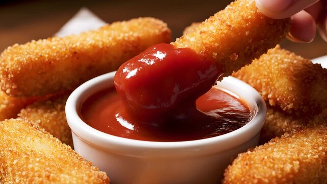 Delicious crispy cheese sticks being dipped into a bowl of tangy tomato ketchup sauce, a perfect appetizer for any occasion