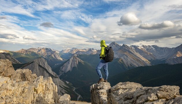 Hiker standing on a rock, mountain landscape with river valley and peaks, peak with orange sulphur deposits, Overturn Mountain, panoramic view, Nikassin Range, Sulphur Skyline, near Miette Hotsprings, Jasper National Park, Alberta, Canada