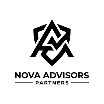 A black and white logo for Nova Advisors Partners featuring a stylized geometric emblem resembling a shield with intertwined letters above the company name.