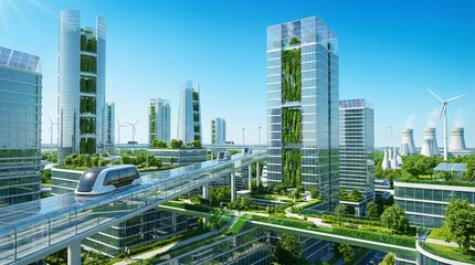 Fototapeta premium Futuristic Sustainable Green City With Eco Friendly Transportation