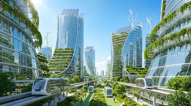 Futuristic Sustainable City With Green Skyscrapers And Monorail