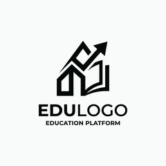 Fototapeta premium Black and white logo for an education platform, featuring a stylized house, an open book, and an upward arrow, with 'EDULOGO EDUCATION PLATFORM' text.