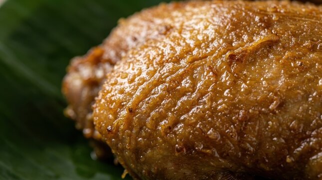 Macro Shot of Crispy Golden Fried Duck Skin Served on Banana Leaf - Authentic Balinese Bebek Goreng