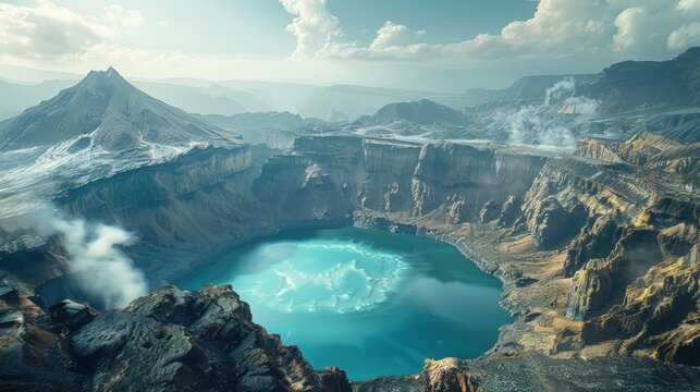 Aerial view of a dramatic volcanic caldera with a striking turquoise-blue crater lake