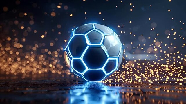 Futuristic soccer ball with glowing blue neon lines bouncing on a wet surface, creating a spectacular display of golden sparks and light reflections against a dark, atmospheric background