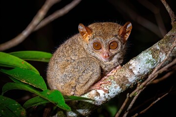 Fototapeta premium Tiny tarsier with enormous amber eyes clinging to a moss-covered tree branch in a dark forest at night.