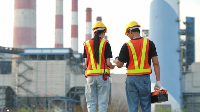 Industrial walkthrough safety inspections power plant photography outdoor perspective teamwork and responsibility