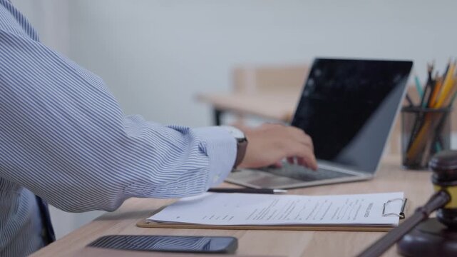 Office productivity digital workspace in business environment with laptop usage and note-taking action