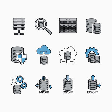 A set of twelve detailed vector icons representing various database management and cloud computing concepts on a light background.
