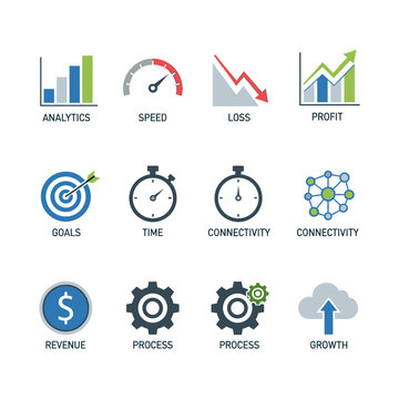 A collection of business and data analytics icons representing concepts like profit, loss, speed, goals, and growth.