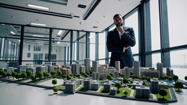 Businessman examines architectural model in modern office. Urban planning concept features detailed city layout. Professional environment inspires creativity and innovation.