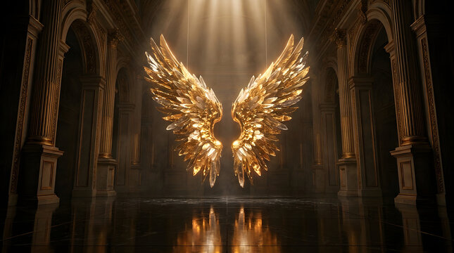 Glowing Golden Angel Wings in Cathedral with Divine Light Rays