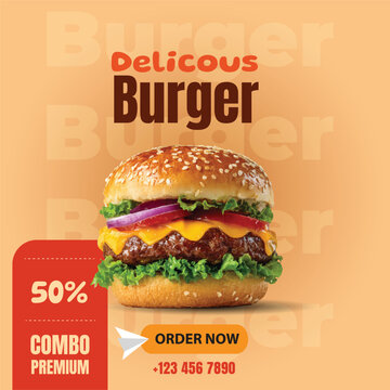 delicious burger promo social media banner 50 percent combo premium offer