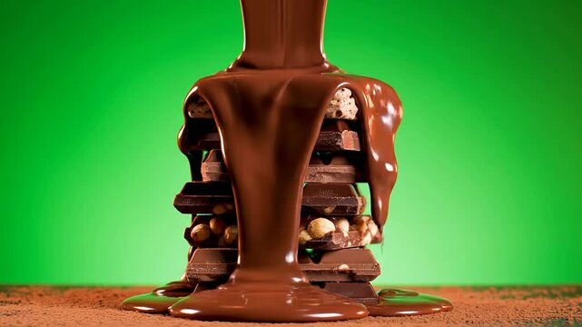 Delicious Stacked Chocolate Bars with Melting Chocolate Drizzling Down Isolated on Green Screen Background