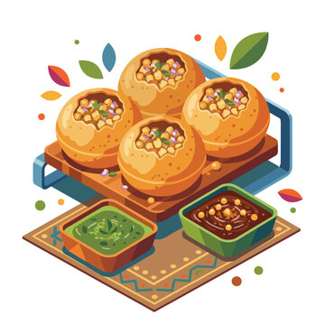 An appetizing view of a popular Indian snack served alongside vibrant chutneys, showcasing the colorful and flavorful aspects of culinary traditions from South Asia.
