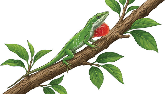 Green anole lizard with bright red dewlap on a tree branch white background wildlife illustration isolated climbing creature tropical detailed realistic