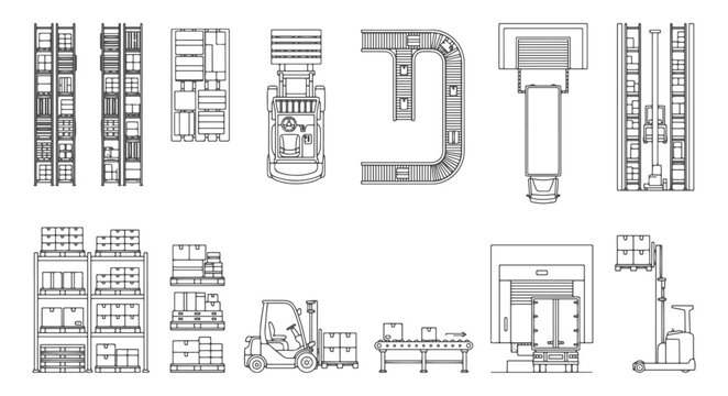 Collection of Warehouse Logistics CAD Blocks in Top View Plan Featuring Forklifts Conveyor Belts Pallet Racking and Loading Docks