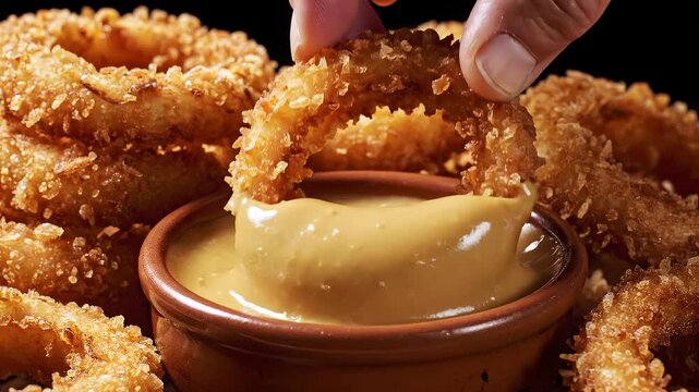 Crispy golden onion rings being dipped into a creamy golden cheese sauce, a delicious appetizer or side dish