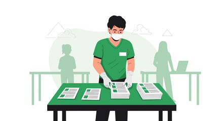 Fototapeta premium Man in mask and gloves sorting documents at table, office work, safety measures