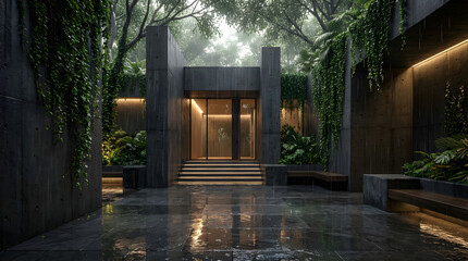 Naklejka premium Luxury Modern Courtyard Entrance with Rainy Tropical Minimalist Architecture