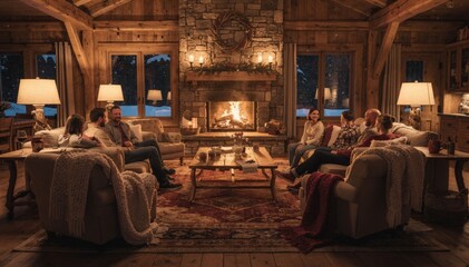 Obraz premium Cozy family gathered around a roaring fireplace in a rustic lodge common room with plush couches and warm lighting capturing the inviting atmosphere of a winter retreat.