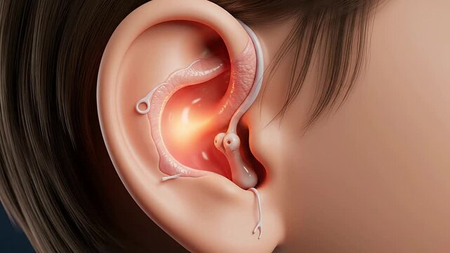 Detailed 3D CGI Rendering Of A Child's Ear Showcasing The Impact Of Recurrent Ear Infections And Associated Inflammation In A Clinical Examination Context