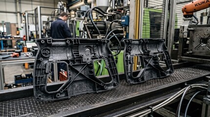 Fototapeta premium Closeup medium shot of glassfilled injection molded power tool housings in production highlighting rigid reinforced plastic structural details in an industrial setting.