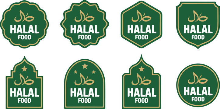 Collection of green halal food certification labels and Islamic product stickers for packaging with Arabic calligraphy and stars