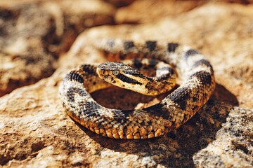 Obraz premium Venomous Pit Viper Coiled Tensely on Sun-Baked Desert Rock, a Cautionary Wildlife Portrait