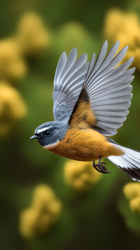 Side view of fantail bird in flight, vibrant yellow and gray plumage, wings spread, blurred green and yellow background, dynamic motion