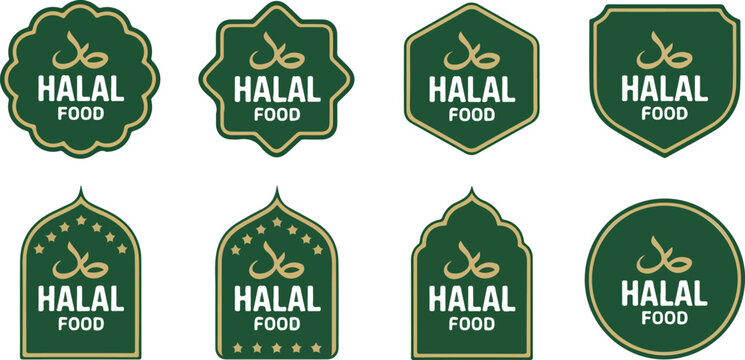 Collection of green halal food certification labels and Islamic product stickers for packaging with Arabic calligraphy and stars